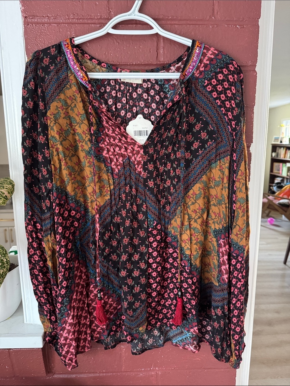 Altar'd State NWT Black & Pink Floral Patchwork Boho Peasant Blouse L